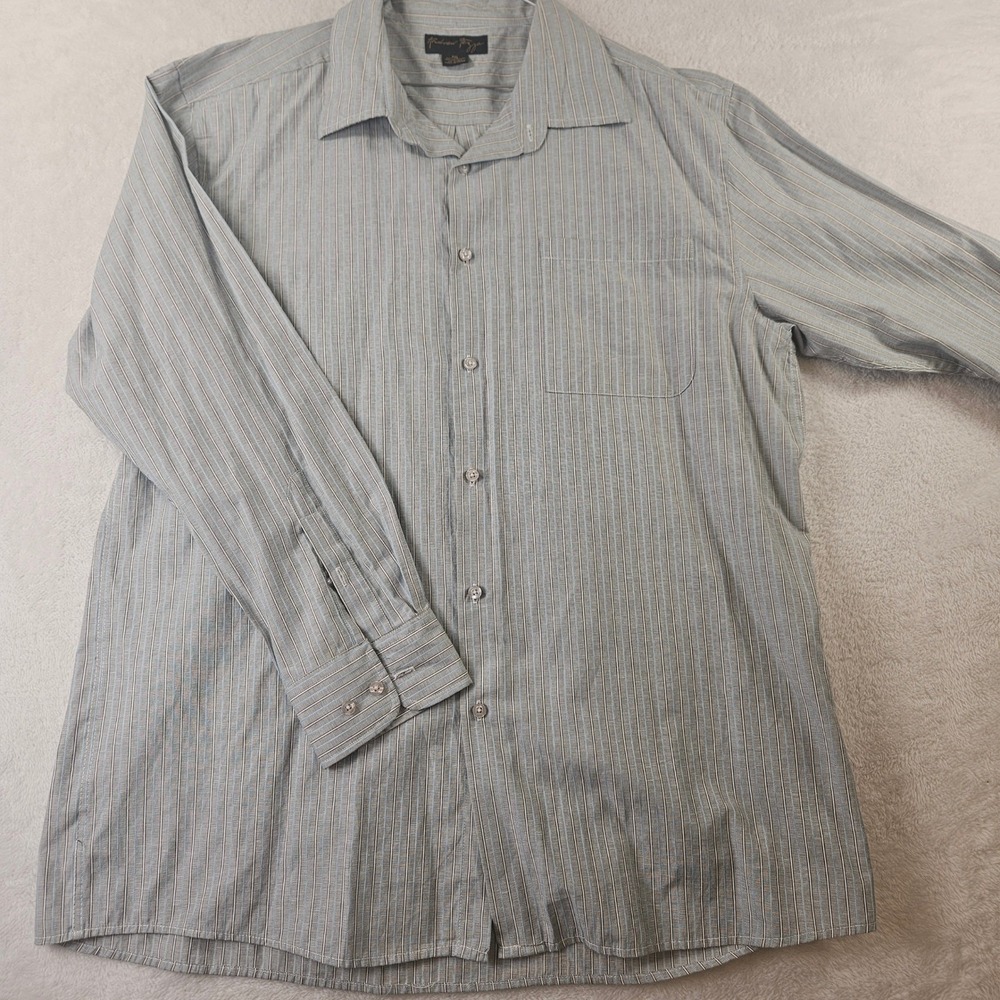 Andrew Fezza Mens XXL Button Down Shirt Grey Blue Striped Cotton Blend
